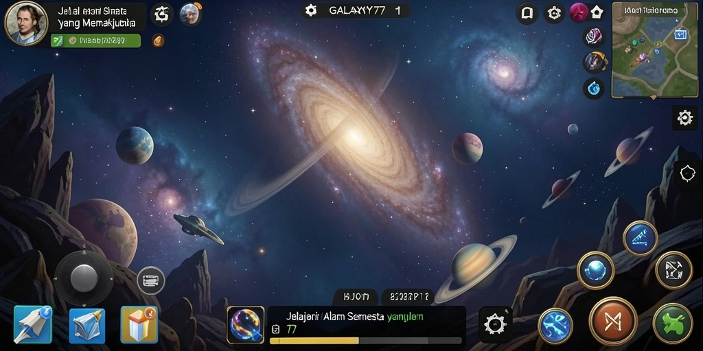 Screenshot GALAXY77 dengan tampilan luar angkasa yang memukau dan gameplay yang seru.