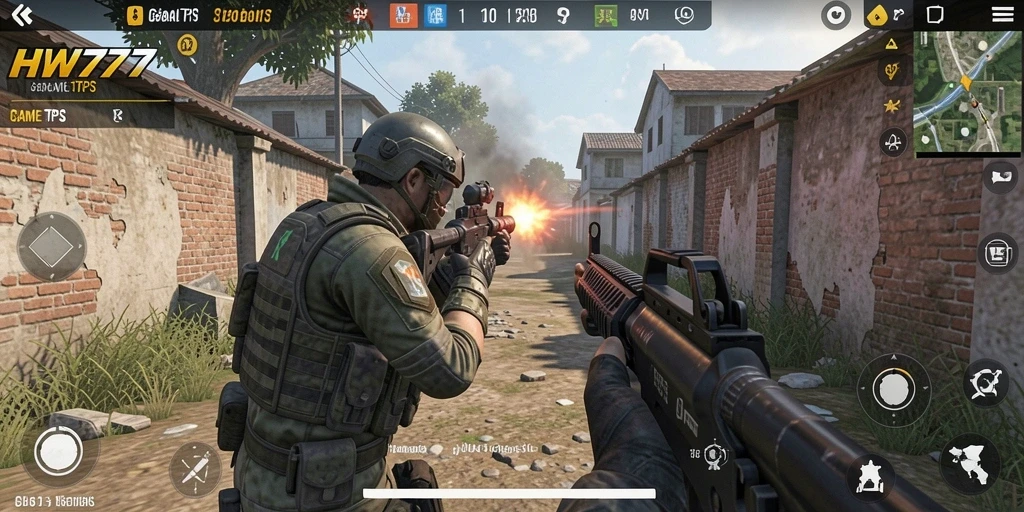 Tangkapan layar utama HW777 yang menunjukkan aksi menembak seru dalam gameplay TPS.