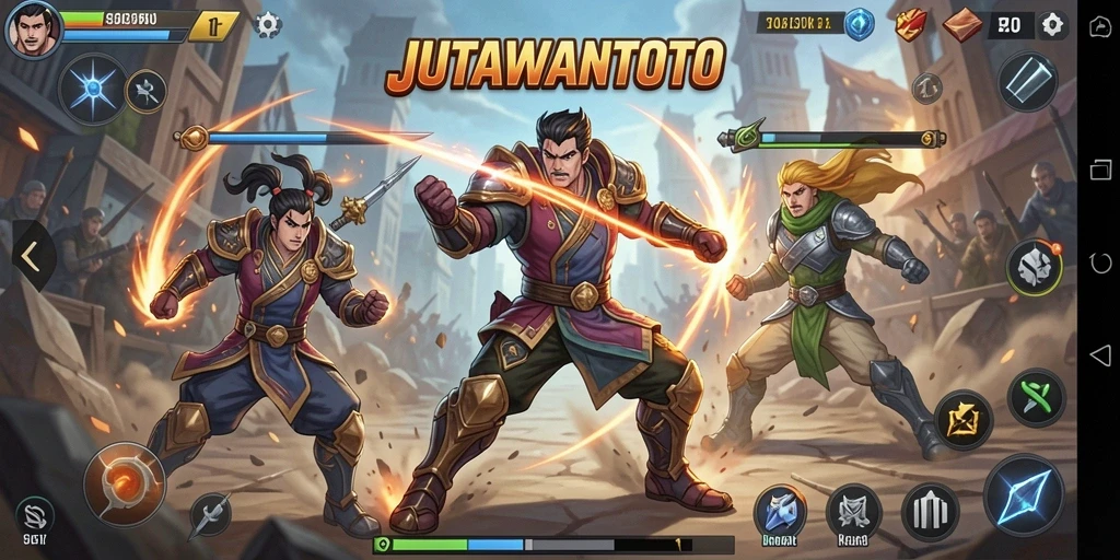 Tampilan gameplay seru dari JUTAWANTOTO dengan pertarungan karakter yang dinamis.