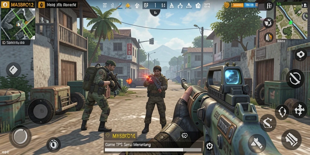Screenshot gameplay MASBRO12 menunjukkan aksi tembak-menembak yang intens.