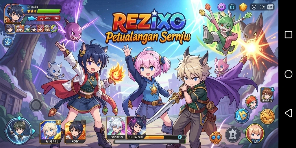 Screenshot gameplay REZIXO menampilkan aksi seru dan karakter anime.