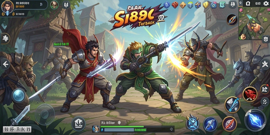 Screenshot gameplay menunjukkan pertarungan strategis dan pertempuran dinamis.